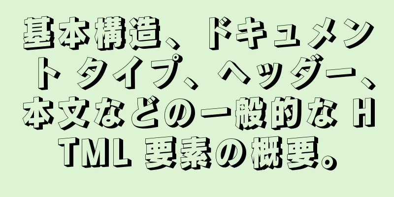 基本構造、ドキュメント タイプ、ヘッダー、本文などの一般的な HTML 要素の概要。